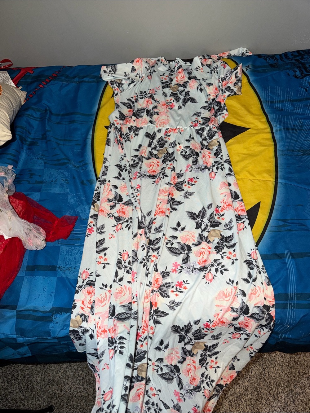 Light Blue Floral Maxi Dress with Pink Roses